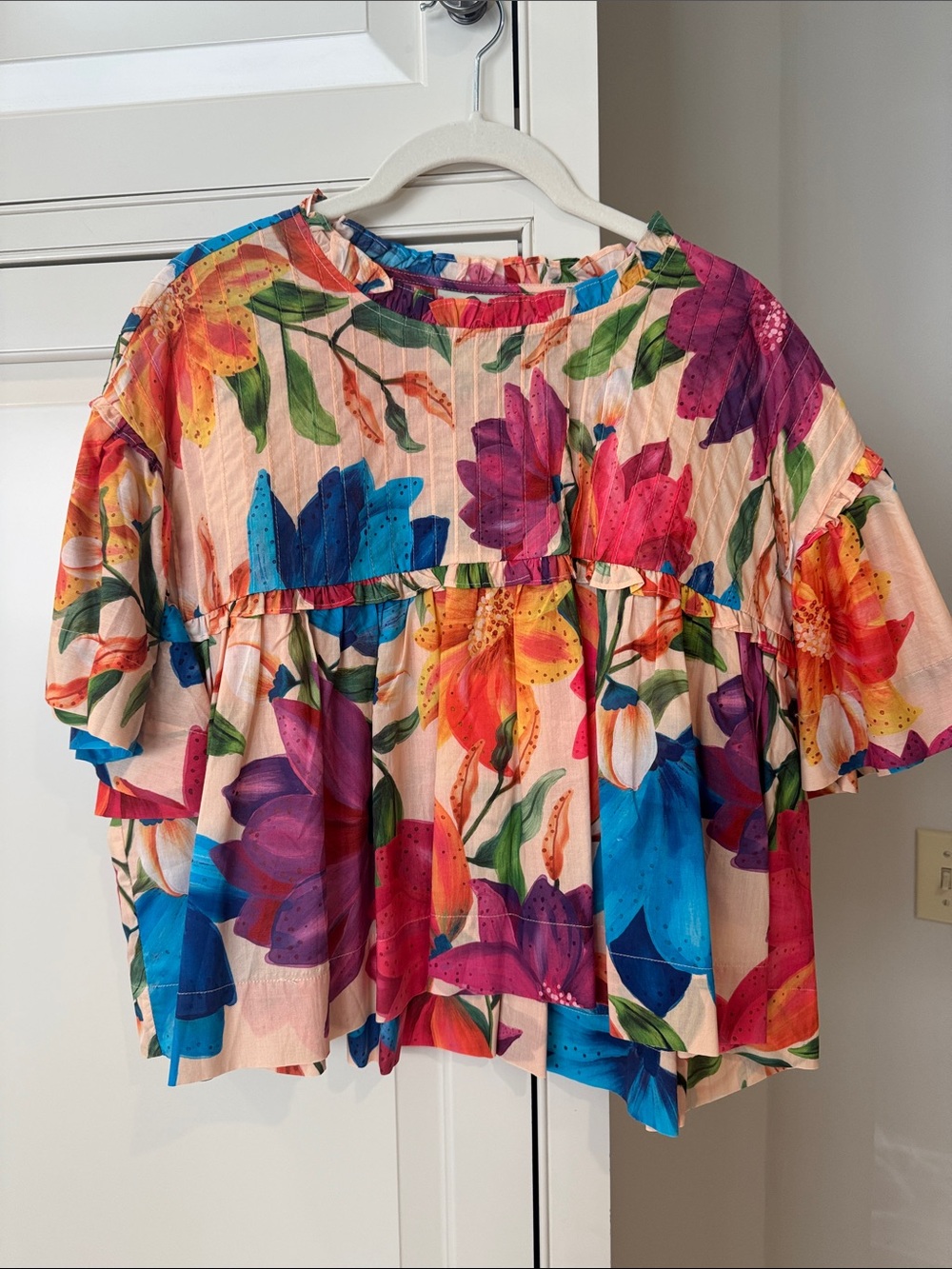 FARM Rio Vibrant Floral Ruffle Peasant Top - Pink Blue Purple Orange
